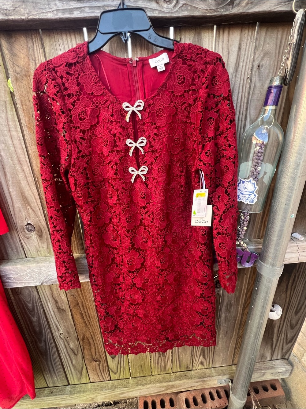 CeCe Mulberry Red Lace Dress with Bow Accents - Picture 4 of 12